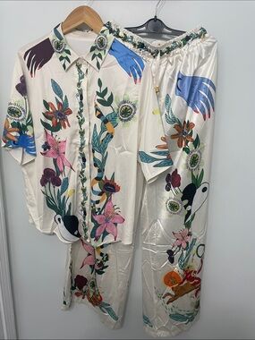 Floral Print Wide-Leg matching set cream with Multi colors
